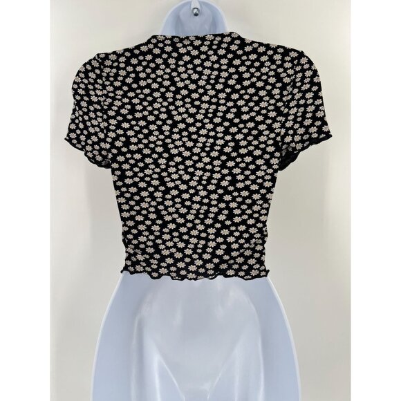 Topshop US 2 Black Daisy Crop Top Puff Sleeve Lettuce Hem Square Neck Y2K - Picture 2 of 8